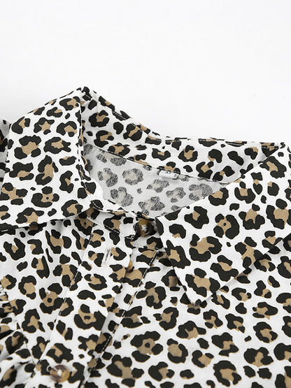 Women Jacket Turndown Collar Buttons Leopard Print Long Sleeve Outerwear