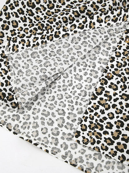 Women Jacket Turndown Collar Buttons Leopard Print Long Sleeve Outerwear