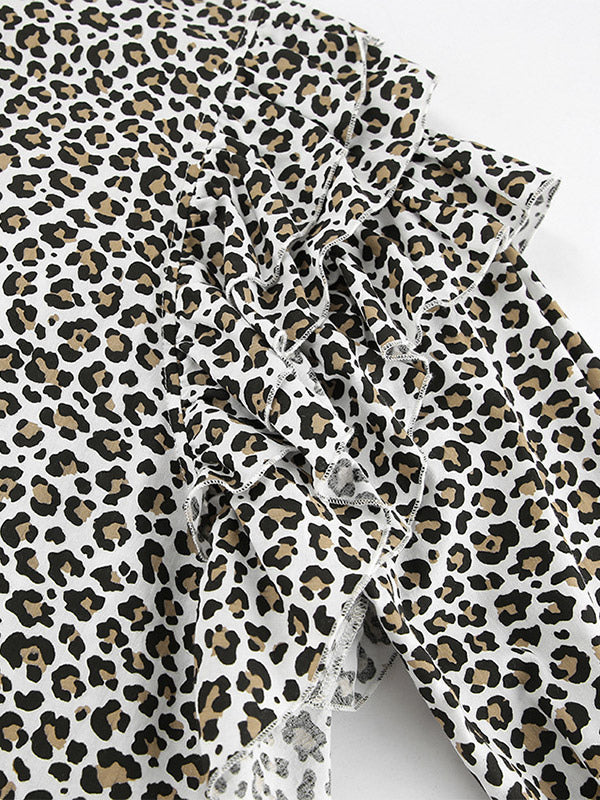 Women Jacket Turndown Collar Buttons Leopard Print Long Sleeve Outerwear