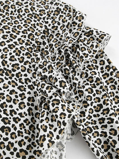 Women Jacket Turndown Collar Buttons Leopard Print Long Sleeve Outerwear