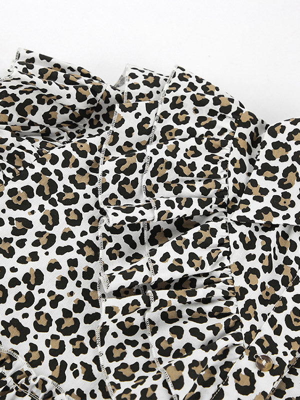 Women Jacket Turndown Collar Buttons Leopard Print Long Sleeve Outerwear