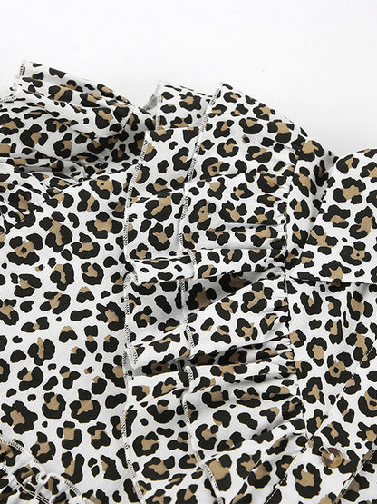 Women Jacket Turndown Collar Buttons Leopard Print Long Sleeve Outerwear