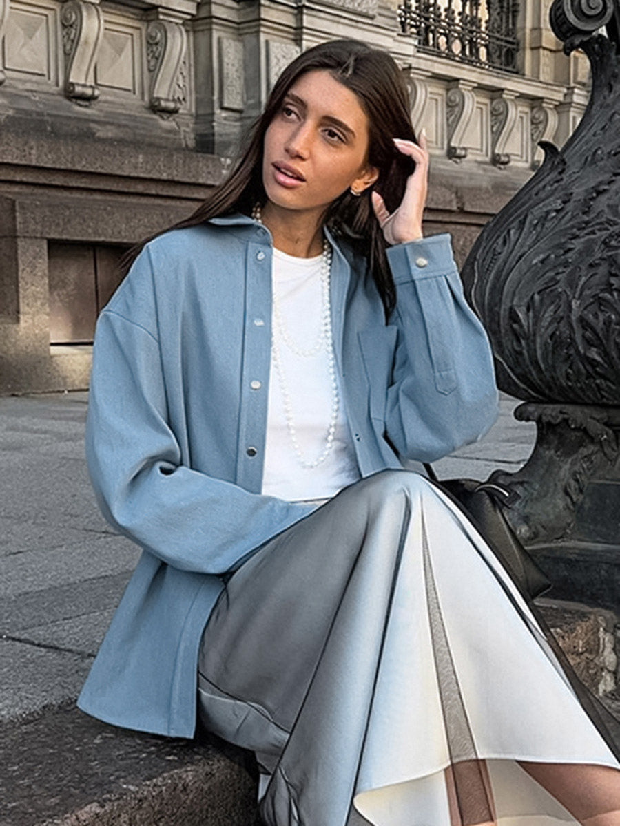 Women Jacket Turndown Collar Buttons Cotton Long Sleeve Outerwear