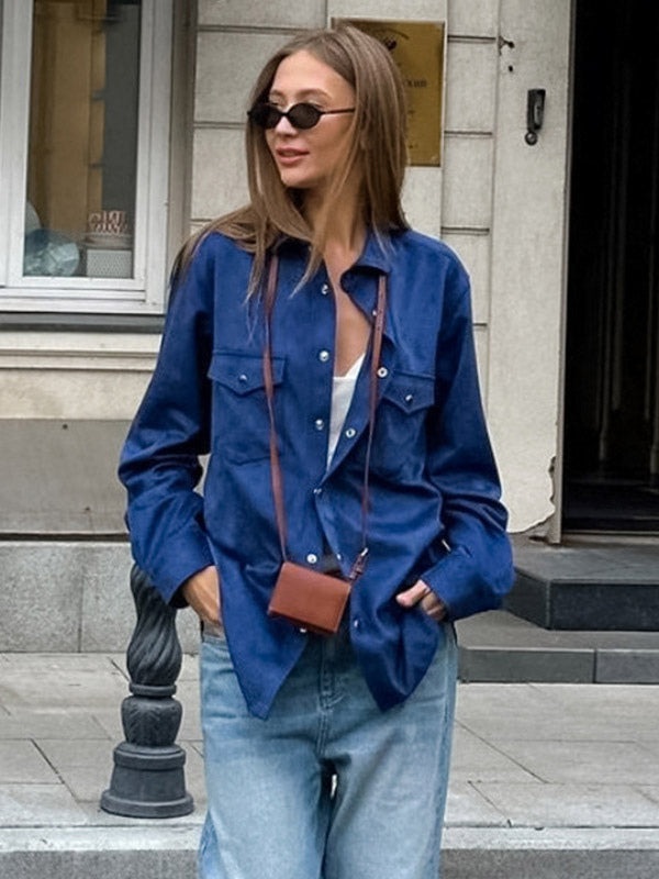 Women's Jackets Turndown Collar Front Button Casual Buttons Blue Jacket For Women