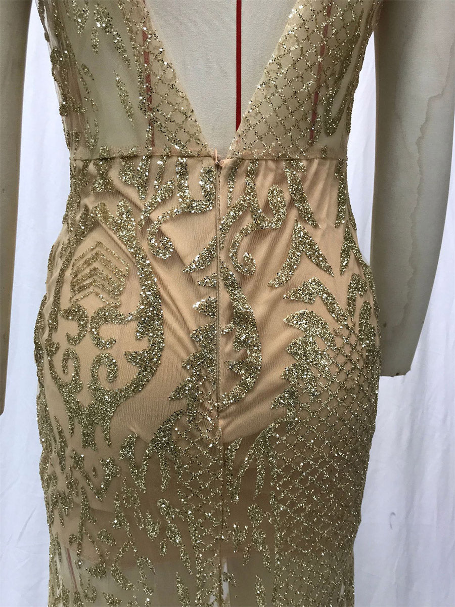 Party Dress Gold V-Neck Lace Sleeveless Shaping Chic Semi Formal Dress