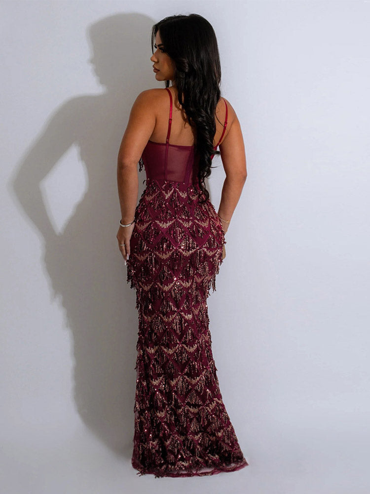 Party Dress Red Straps Neck Sequins Sleeveless Open Shoulder Chic Semi Formal Dress