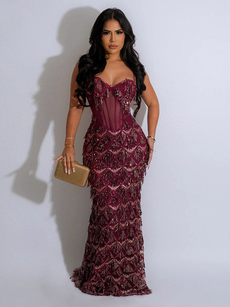 Party Dress Red Straps Neck Sequins Sleeveless Open Shoulder Chic Semi Formal Dress