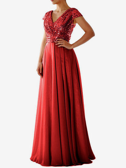 Party Dress Ecru White V-Neck Sequins Short Sleeves Shaping Cap Sleeves Chic Semi Formal Dress