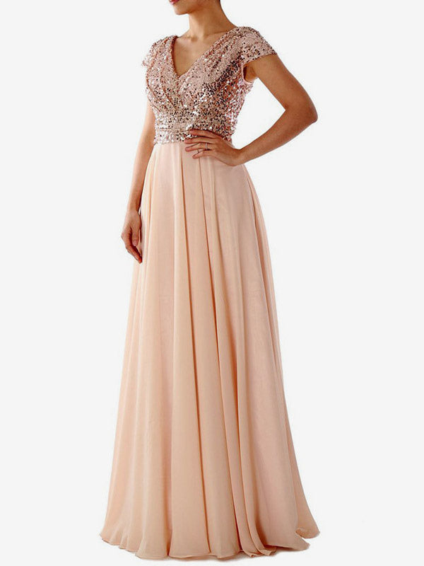 Party Dress Ecru White V-Neck Sequins Short Sleeves Shaping Cap Sleeves Chic Semi Formal Dress