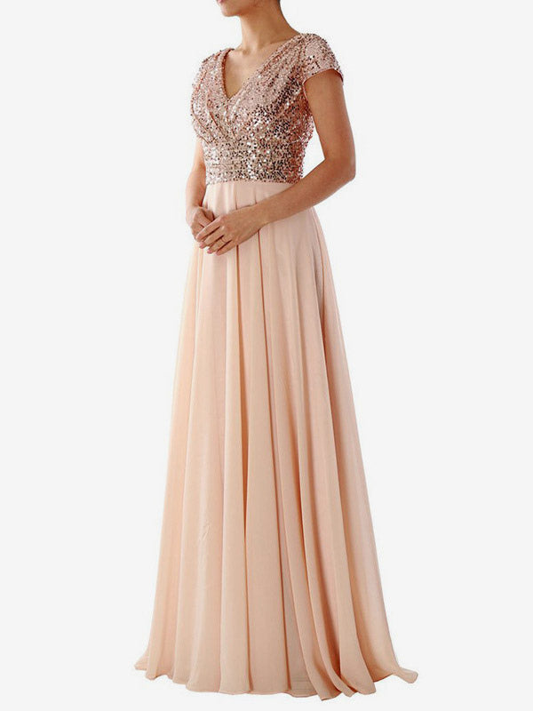 Party Dress Ecru White V-Neck Sequins Short Sleeves Shaping Cap Sleeves Chic Semi Formal Dress