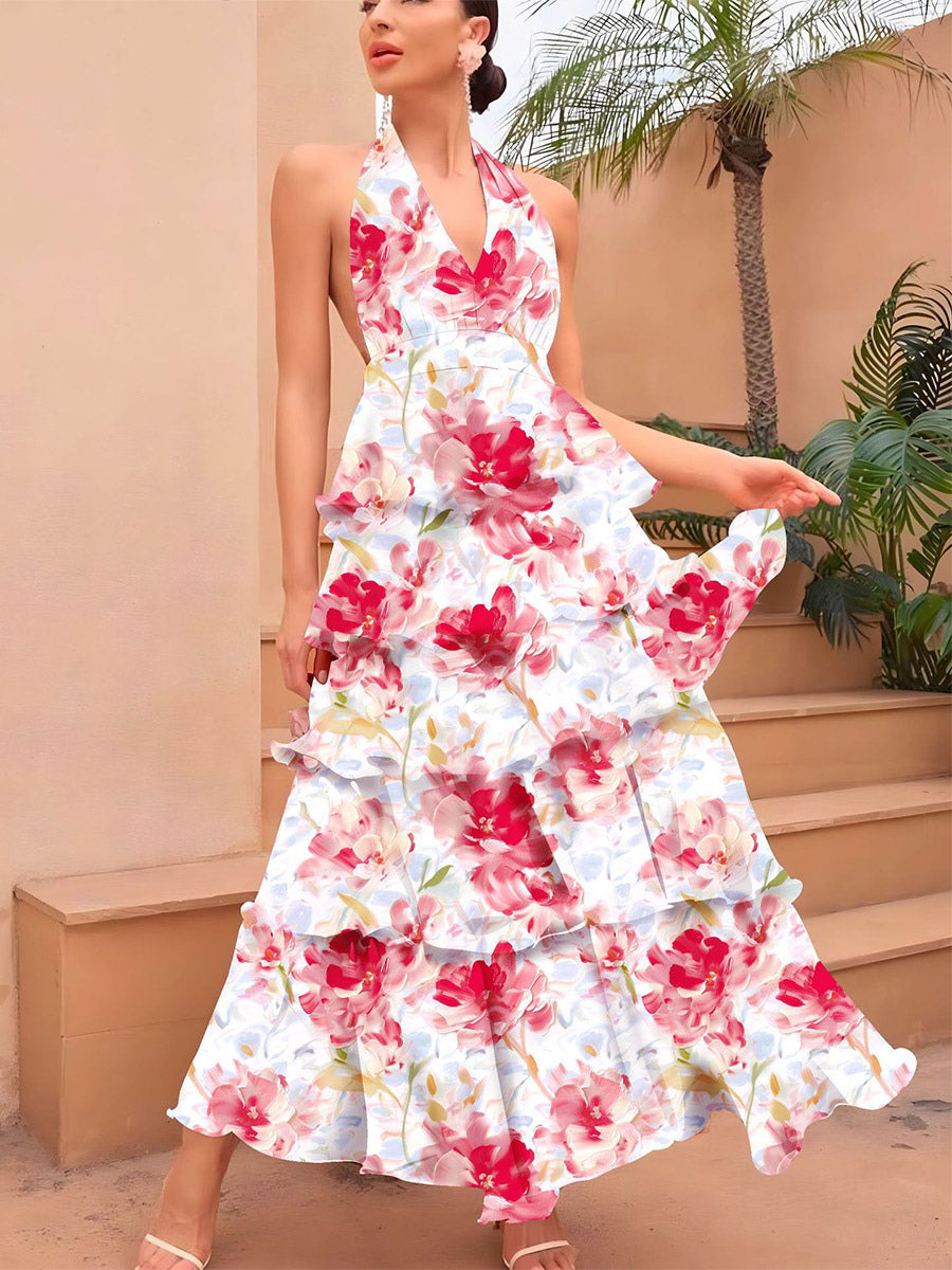 Date Night Dresses Layered Backless Tiered Sleeveless Printed V-Neck Elegant Red Dress