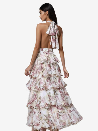 Date Night Dresses Layered Backless Tiered Sleeveless Printed V-Neck Elegant Red Dress