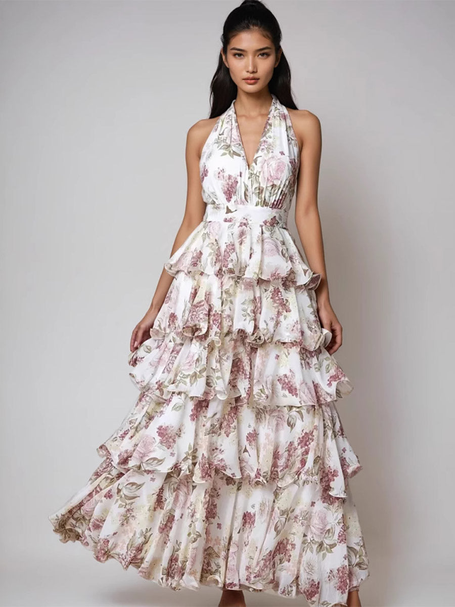 Date Night Dresses Layered Backless Tiered Sleeveless Printed V-Neck Elegant Red Dress