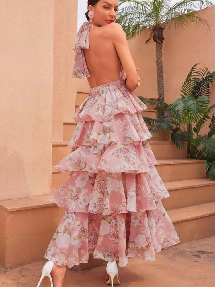 Date Night Dresses Layered Backless Tiered Sleeveless Printed V-Neck Elegant Red Dress