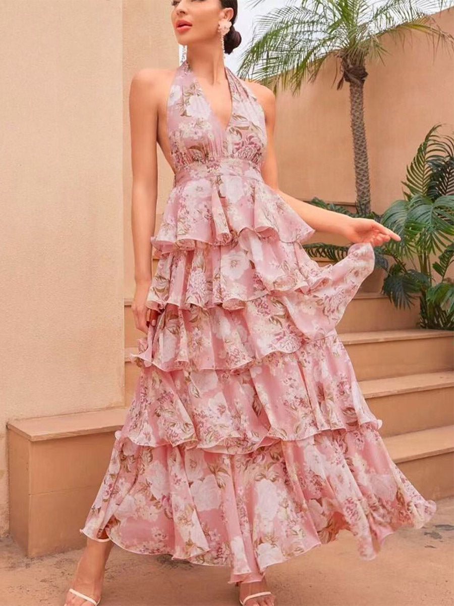 Date Night Dresses Layered Backless Tiered Sleeveless Printed V-Neck Elegant Red Dress
