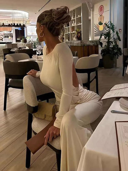 Party Dress Maxi White Jewel Neck Long Sleeves Sexy Semi Formal Dress