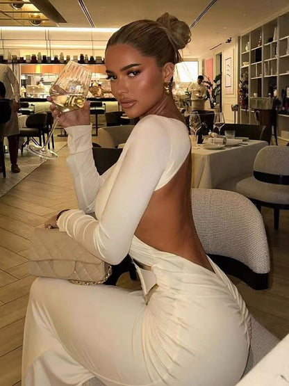 Party Dress Maxi White Jewel Neck Long Sleeves Sexy Semi Formal Dress