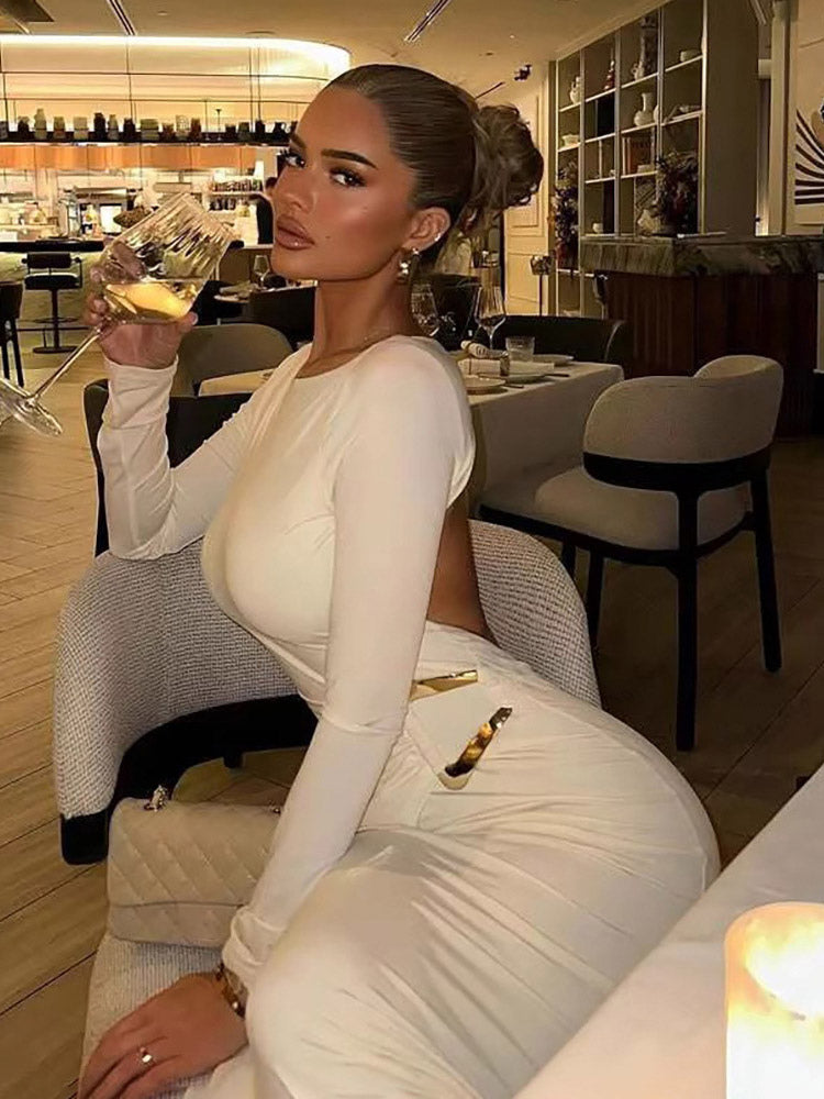 Party Dress Maxi White Jewel Neck Long Sleeves Sexy Semi Formal Dress