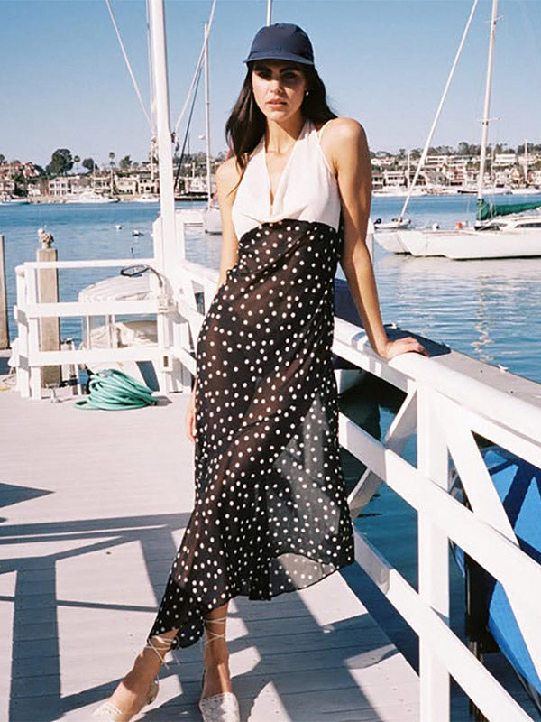 Vacation Dresses Maxi Sleeveless Polka Dot V-Neck Sexy Black Dress