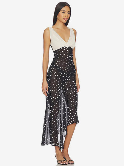 Vacation Dresses Maxi Sleeveless Polka Dot V-Neck Sexy Black Dress