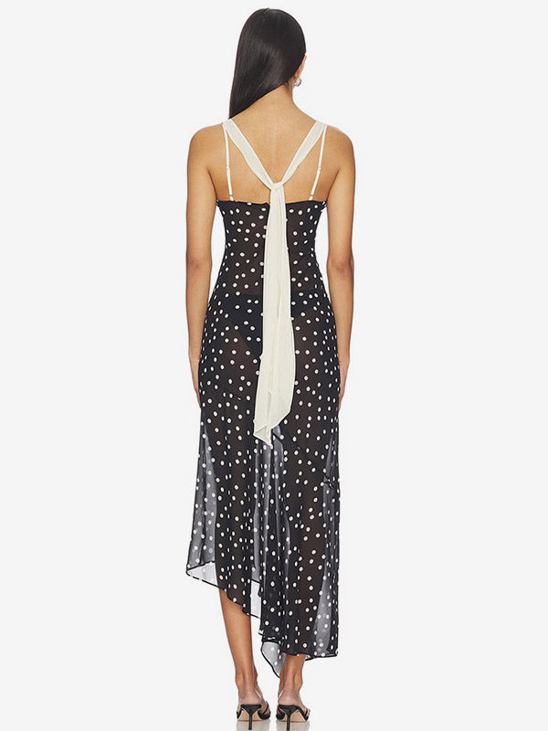 Vacation Dresses Maxi Sleeveless Polka Dot V-Neck Sexy Black Dress