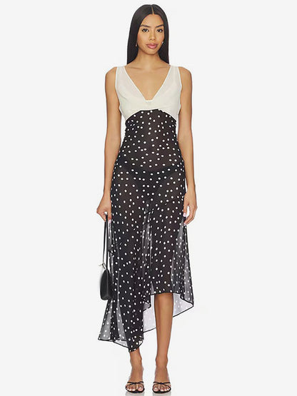 Vacation Dresses Maxi Sleeveless Polka Dot V-Neck Sexy Black Dress