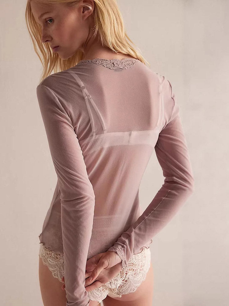 Blouse For Women Black Polyester V-Neck Chic Long Sleeves Tops