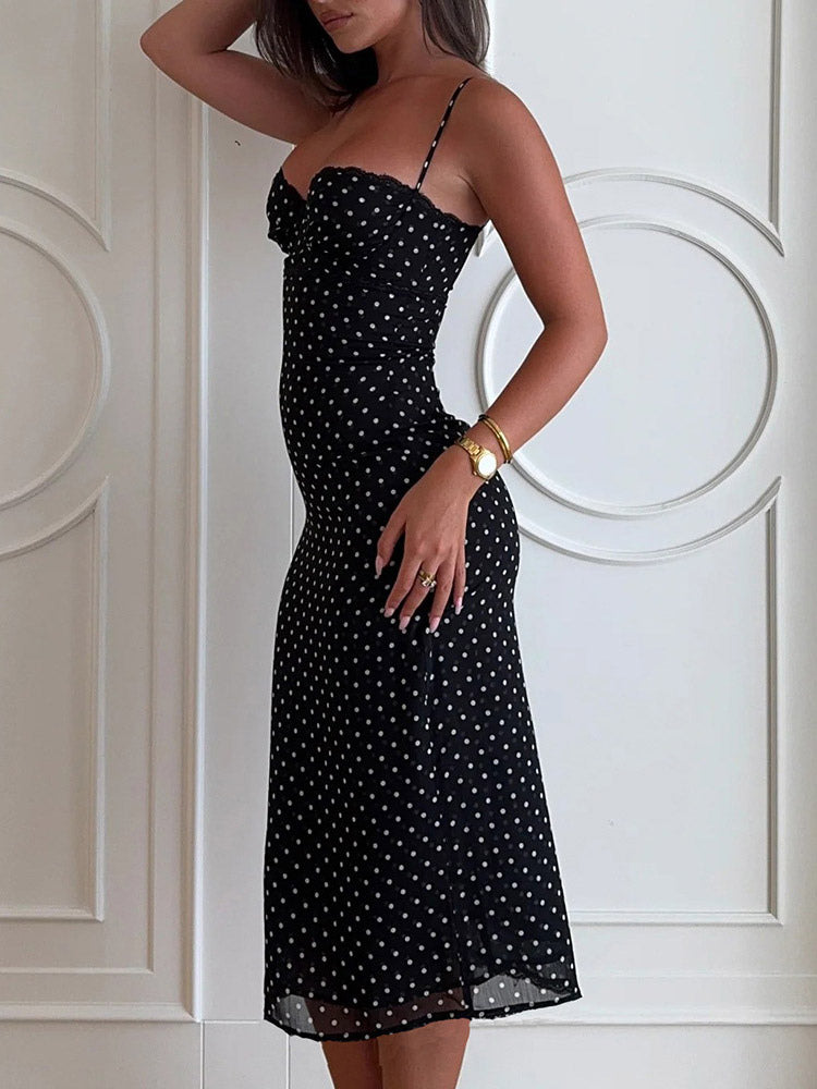 Daily Dresses Woman's Midi Dress Black Polyester Sleeveless Straps Neck Polka Dot Dress