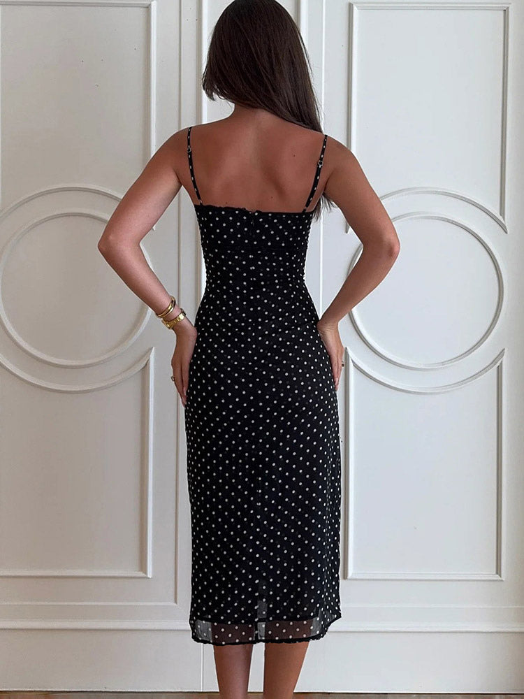 Daily Dresses Woman's Midi Dress Black Polyester Sleeveless Straps Neck Polka Dot Dress