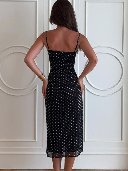 Daily Dresses Woman's Midi Dress Black Polyester Sleeveless Straps Neck Polka Dot Dress