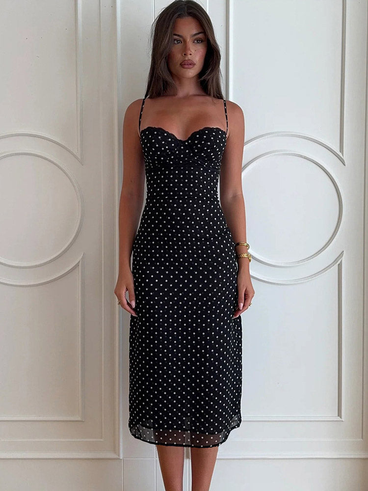 Daily Dresses Woman's Midi Dress Black Polyester Sleeveless Straps Neck Polka Dot Dress
