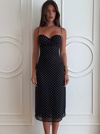 Daily Dresses Woman's Midi Dress Black Polyester Sleeveless Straps Neck Polka Dot Dress