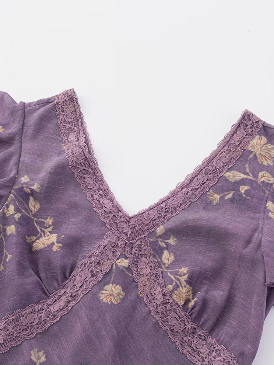 Daily Dresses For Woman Purple Shaping Flowers V-Neck Raised Waist Cap Sleeves Dress