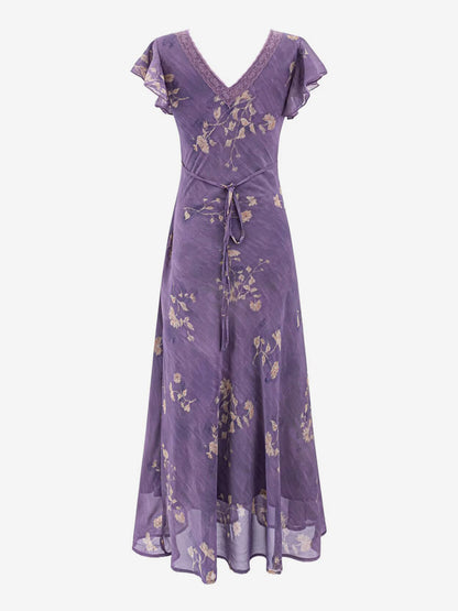 Daily Dresses For Woman Purple Shaping Flowers V-Neck Raised Waist Cap Sleeves Dress
