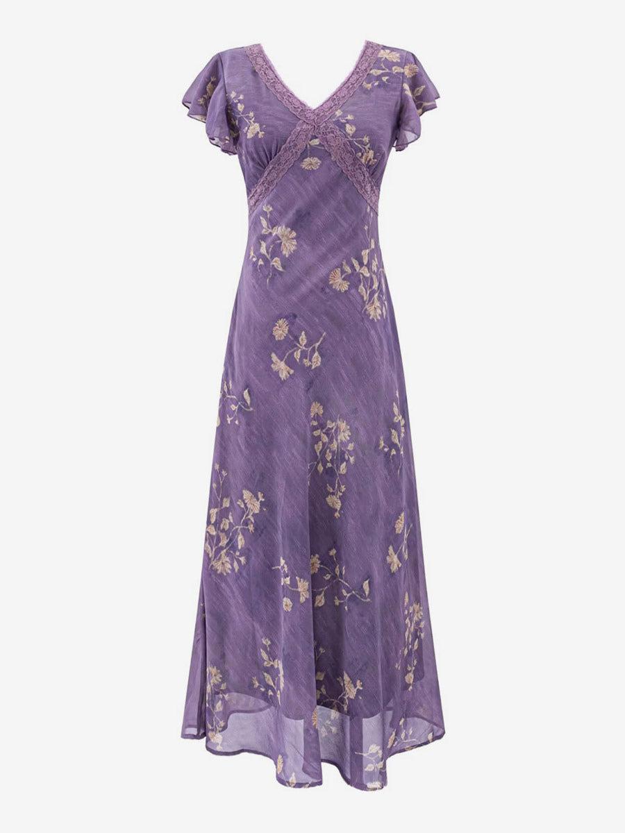 Daily Dresses For Woman Purple Shaping Flowers V-Neck Raised Waist Cap Sleeves Dress