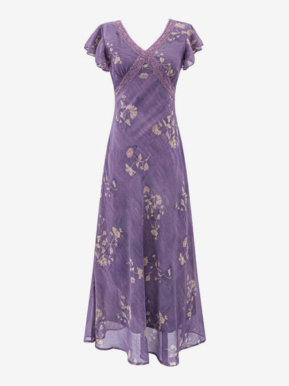 Daily Dresses For Woman Purple Shaping Flowers V-Neck Raised Waist Cap Sleeves Dress