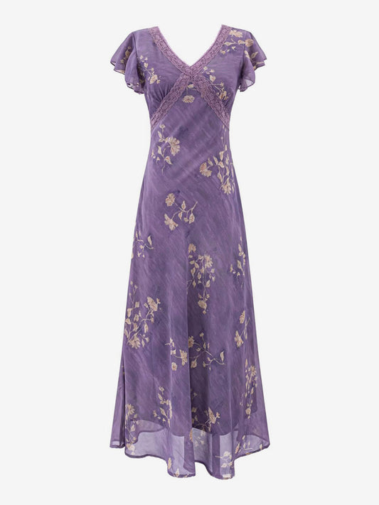 Daily Dresses For Woman Purple Shaping Flowers V-Neck Raised Waist Cap Sleeves Dress