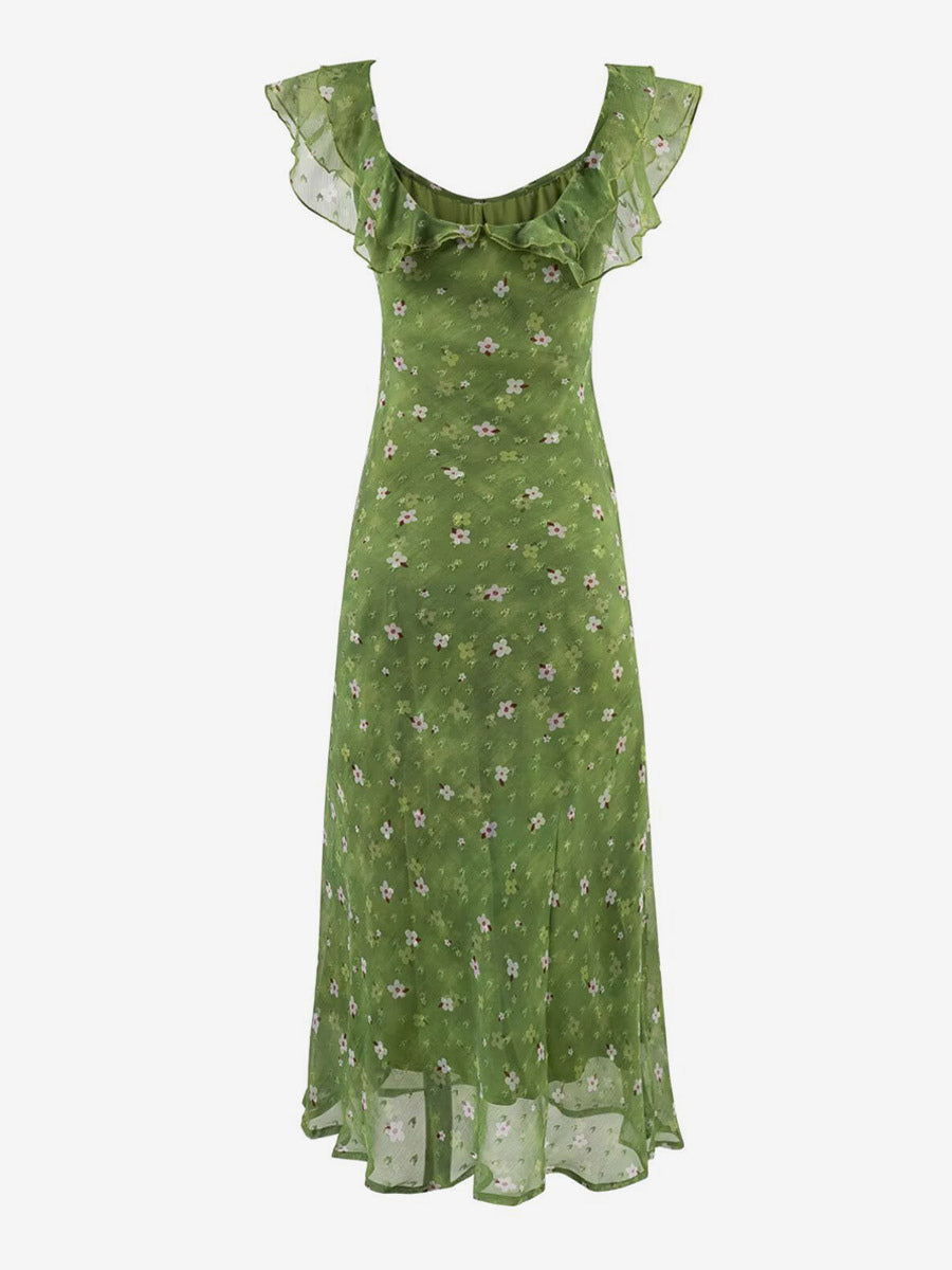 Daily Dresses Women's Sleeveless V-Neck Raised Waist Sweet Flowers Green Dress