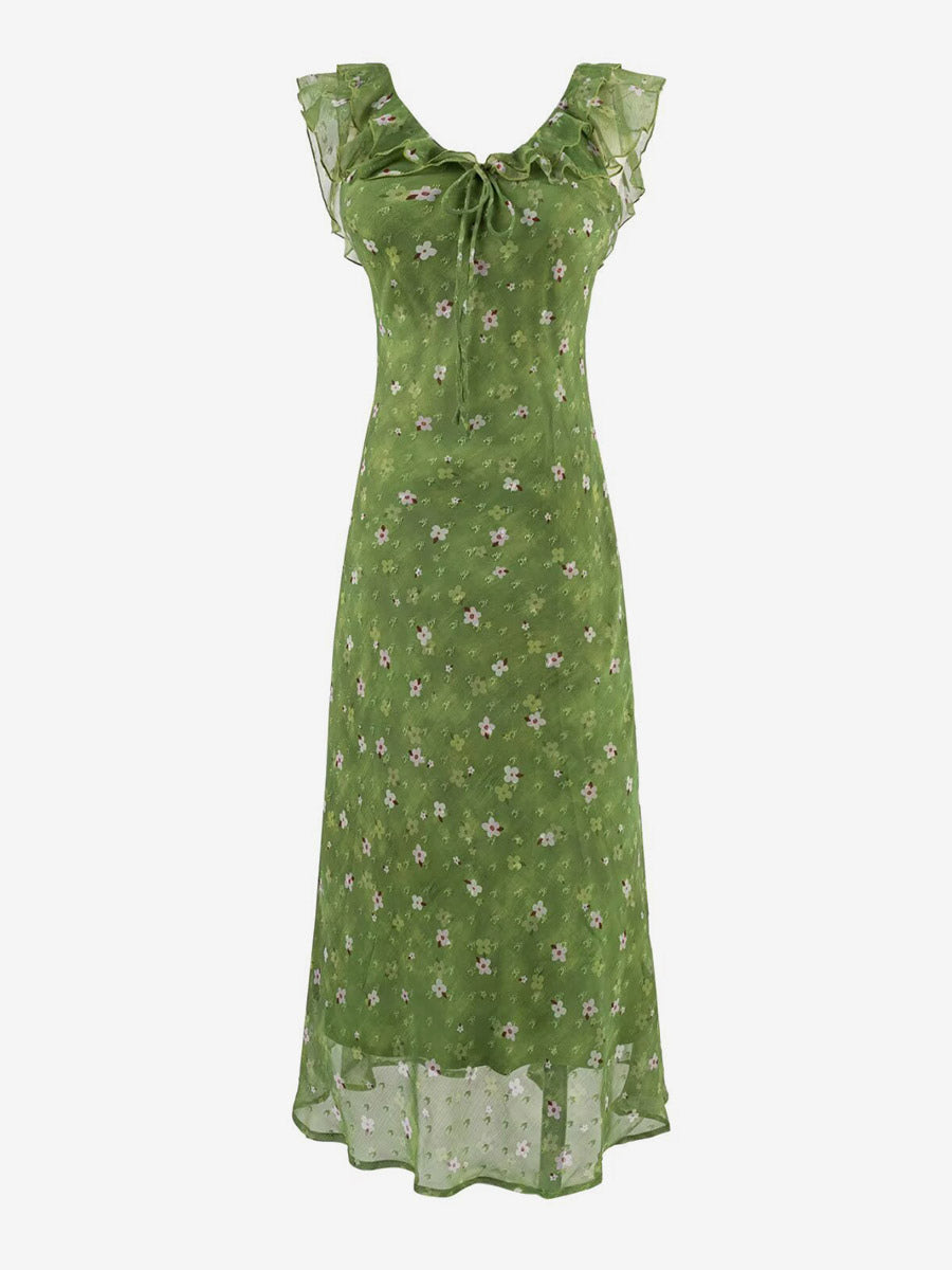 Daily Dresses Women's Sleeveless V-Neck Raised Waist Sweet Flowers Green Dress