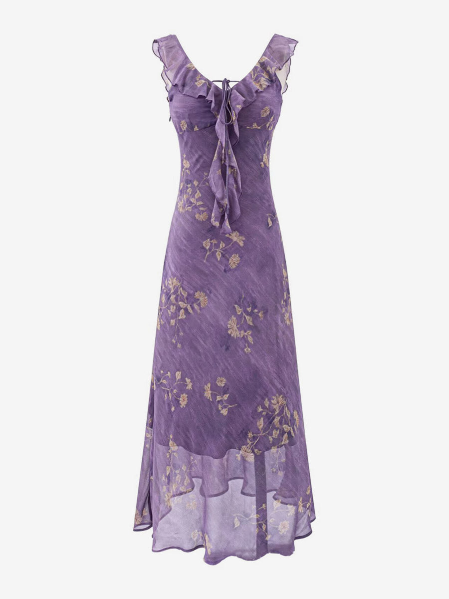 Daily Dresses For Woman Purple Flowers Sleeveless V-Neck Raised Waist Dress