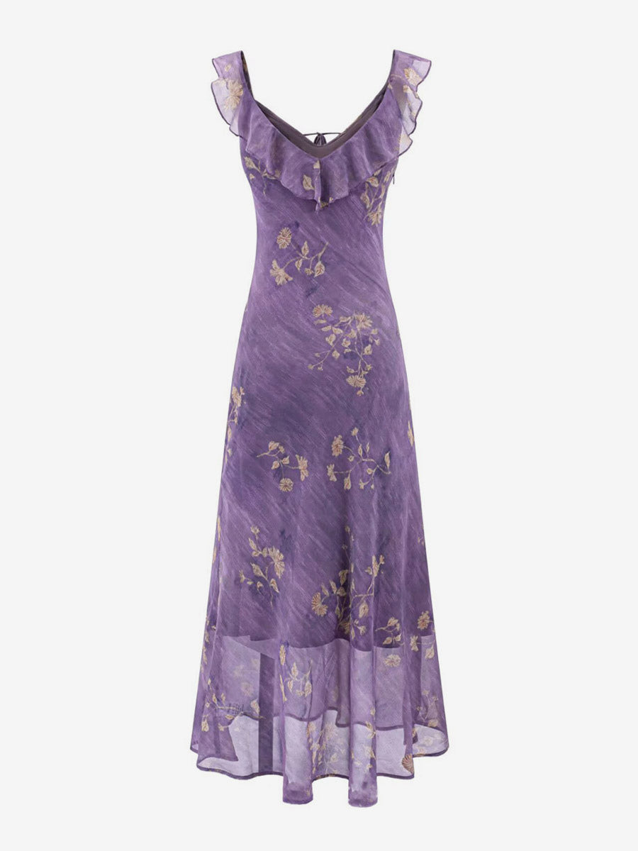 Daily Dresses For Woman Purple Flowers Sleeveless V-Neck Raised Waist Dress