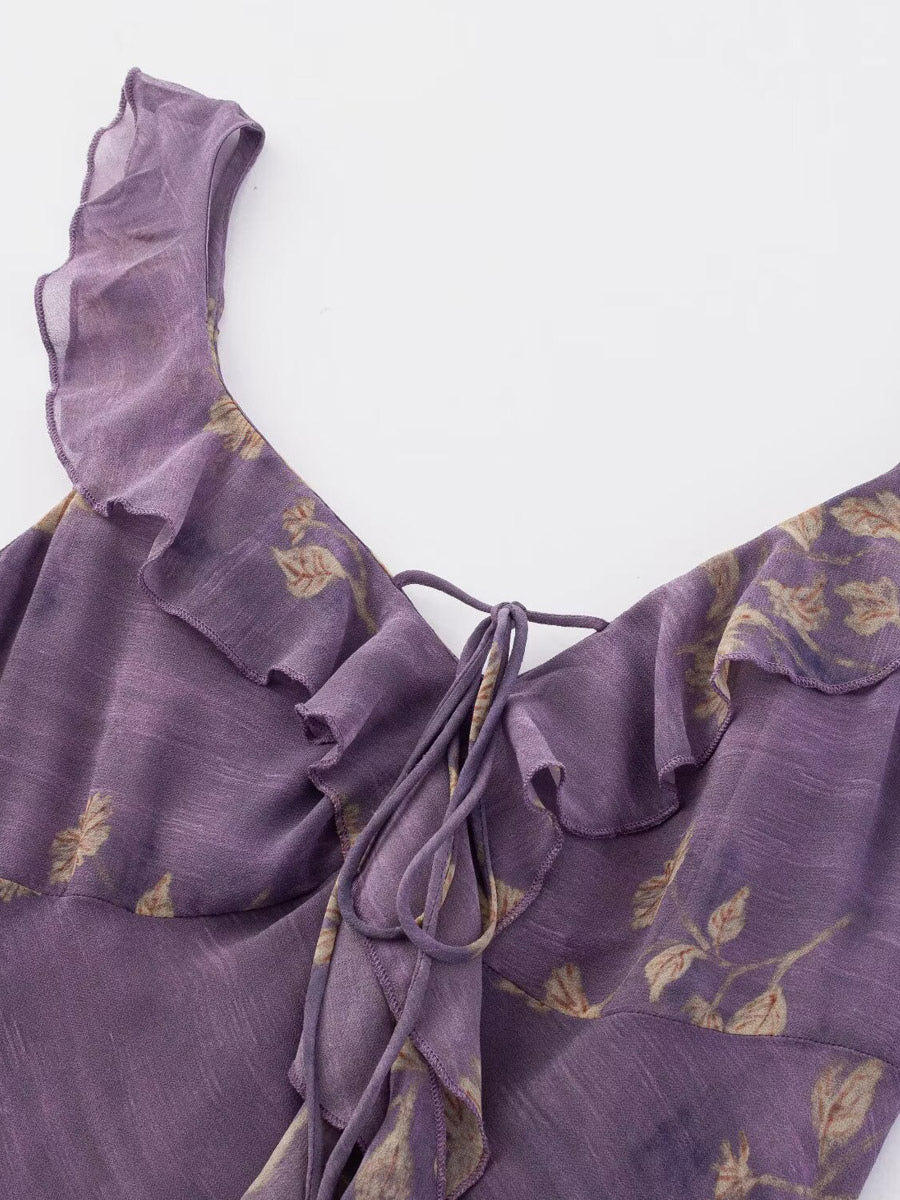 Daily Dresses For Woman Purple Flowers Sleeveless V-Neck Raised Waist Dress