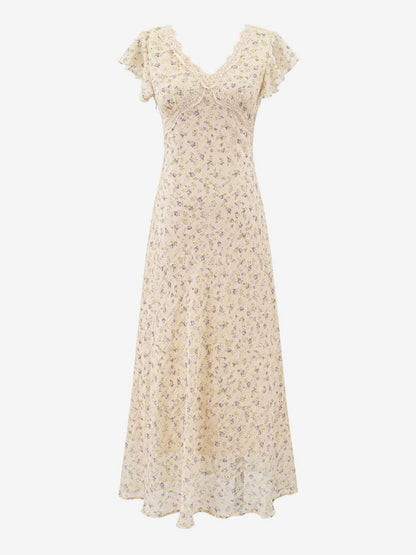 Daily Dresses Black Shaping Lace Short Sleeves High Collar Raised Waist Cap Sleeves Dress