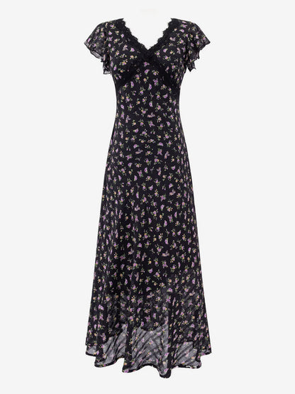 Daily Dresses Black Shaping Lace Short Sleeves High Collar Raised Waist Cap Sleeves Dress