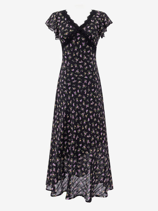 Daily Dresses Black Shaping Lace Short Sleeves High Collar Raised Waist Cap Sleeves Dress