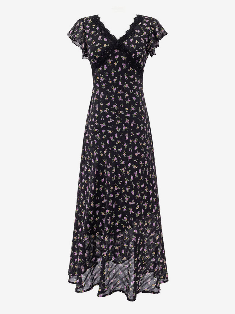 Daily Dresses Black Shaping Lace Short Sleeves High Collar Raised Waist Cap Sleeves Dress
