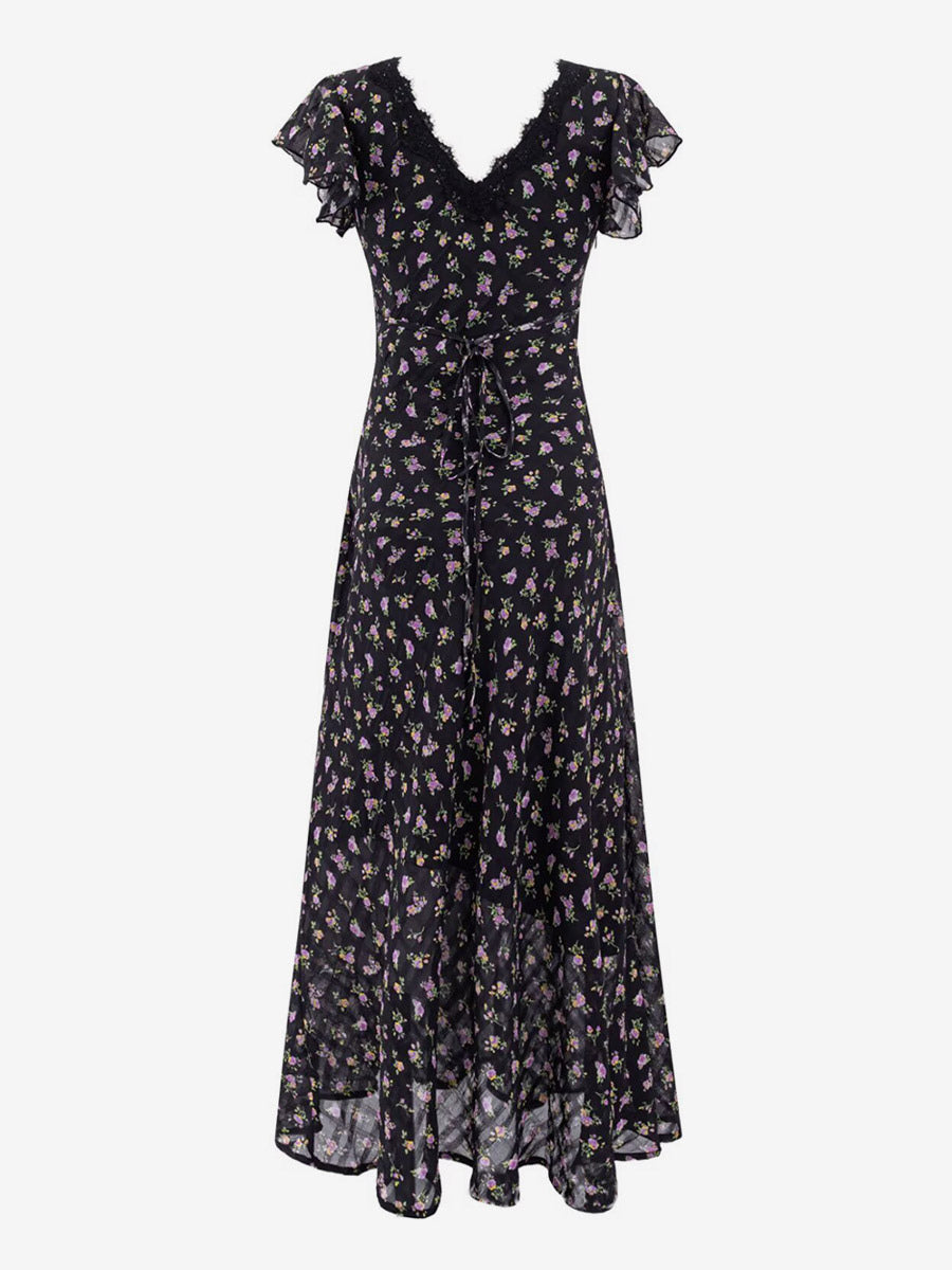 Daily Dresses Black Shaping Lace Short Sleeves High Collar Raised Waist Cap Sleeves Dress