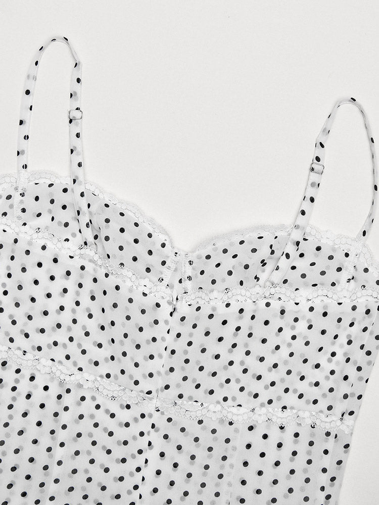 Daily Dresses Woman's Midi Dress Black Polyester Sleeveless Straps Neck Polka Dot Dress