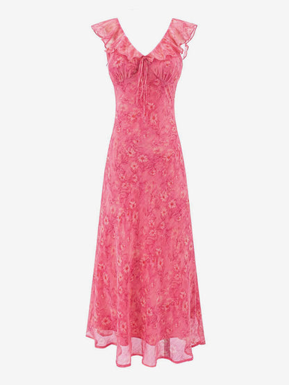 Daily Dresses For Woman Sleeveless V-Neck Raised Waist Sweet Shaping Ruffles Red Dress