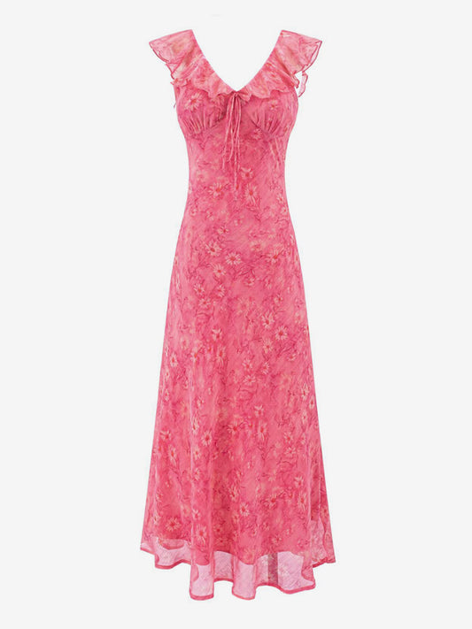 Daily Dresses For Woman Sleeveless V-Neck Raised Waist Sweet Shaping Ruffles Red Dress